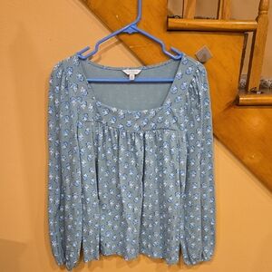 Lucky Brand Green And Blue Floral Blouse With Square Neclime Size Medium